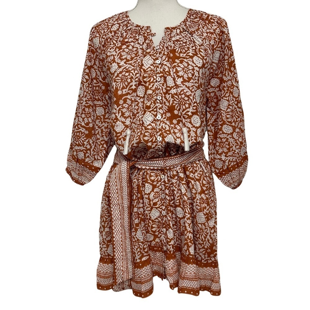 Cleobella Gwen Mini Dress XSmall Terracotta Anila Block Print Boho Flouncy NWT
